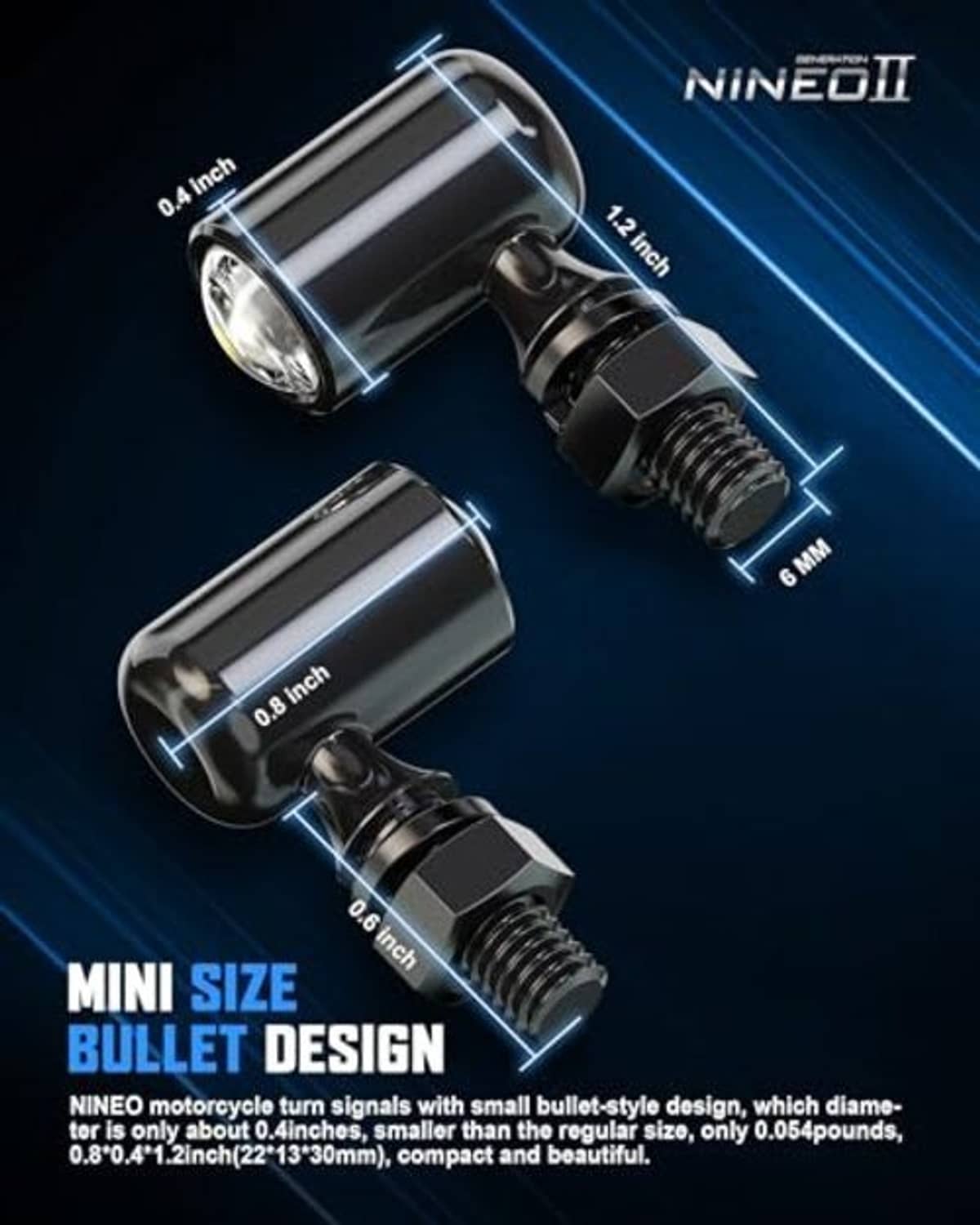 Mini bullet LED motorcycle turn signals shown with mounting bolt and metal housing dimensions.