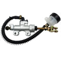 Brake master cylinder pump assembly with black hoses and silver metal housing
