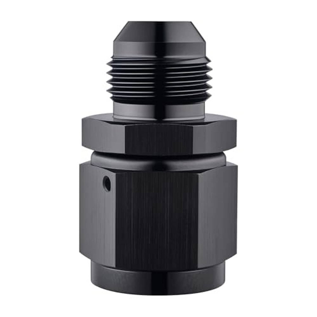 Black swivel flare expander adapter fitting, 10AN to 8AN, close-up angled view