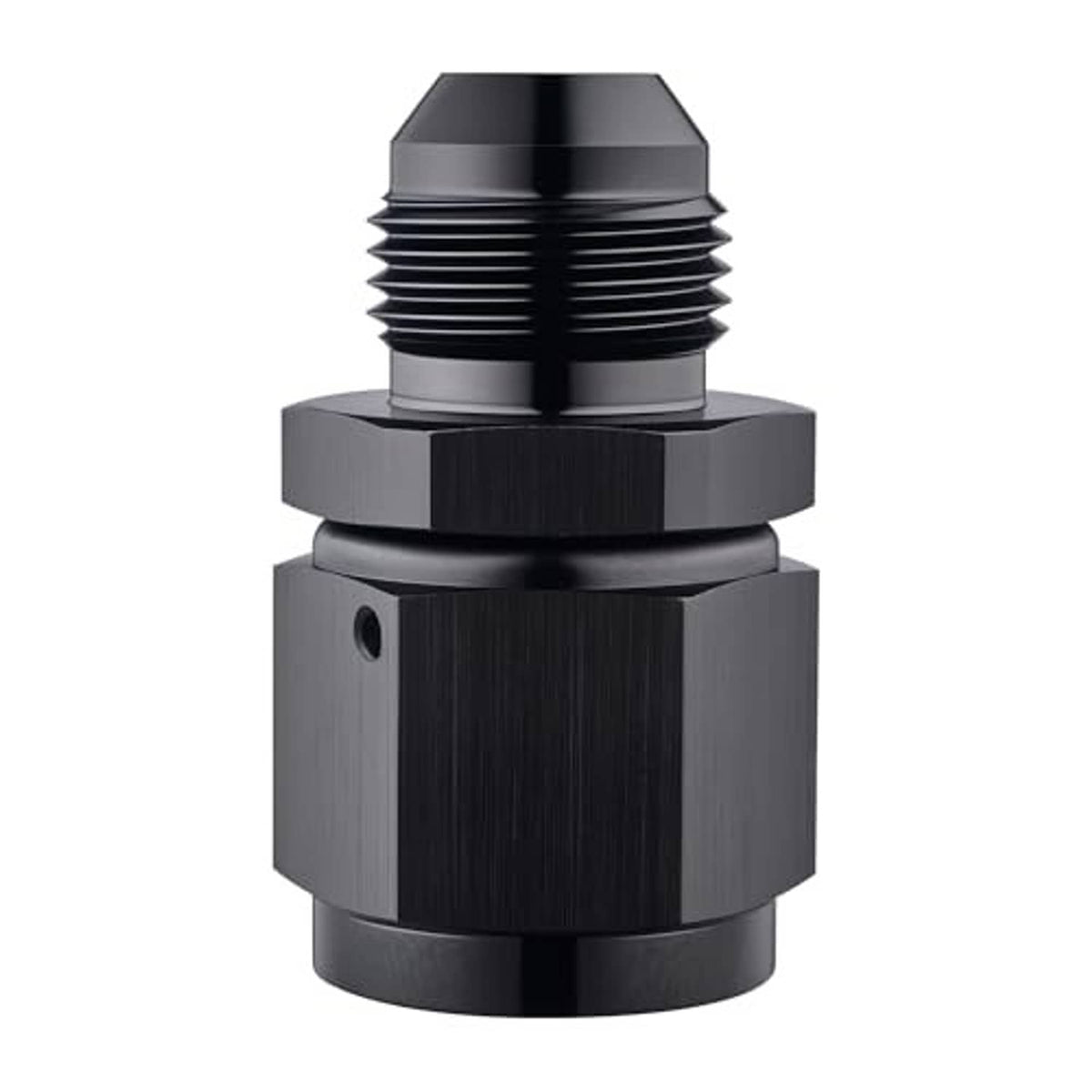 Black swivel flare expander adapter fitting, 10AN to 8AN, close-up angled view