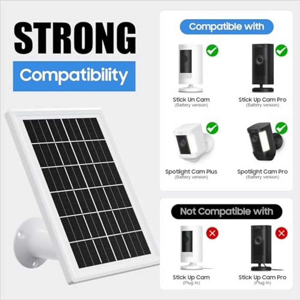Compatibility chart graphic with a solar panel for multiple Ring camera models