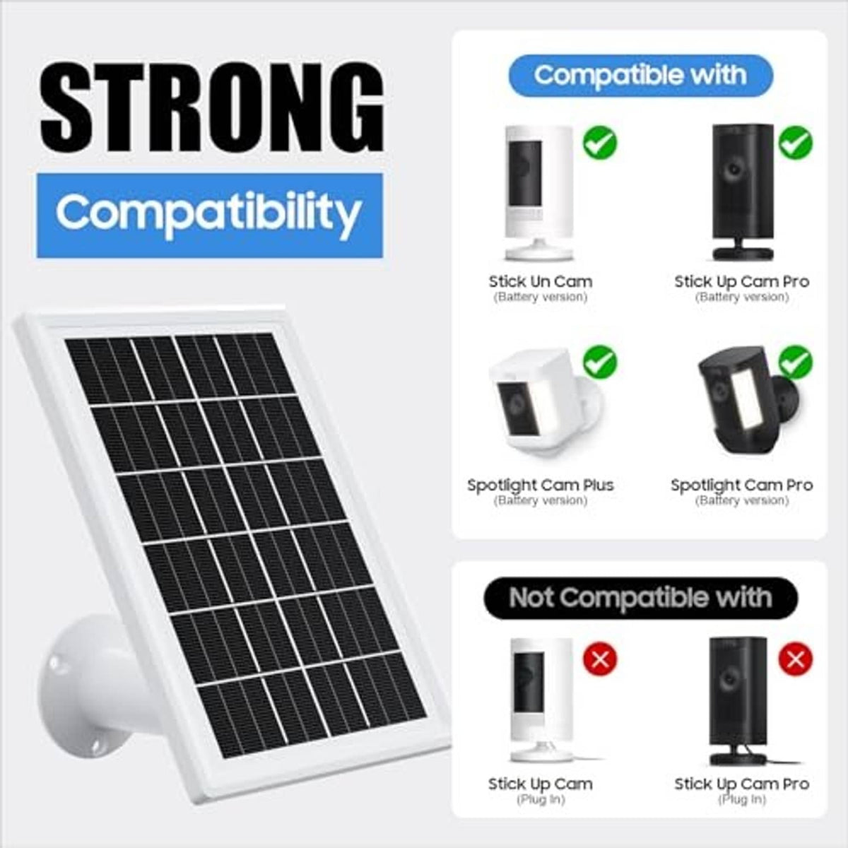 Compatibility chart graphic with a solar panel for multiple Ring camera models