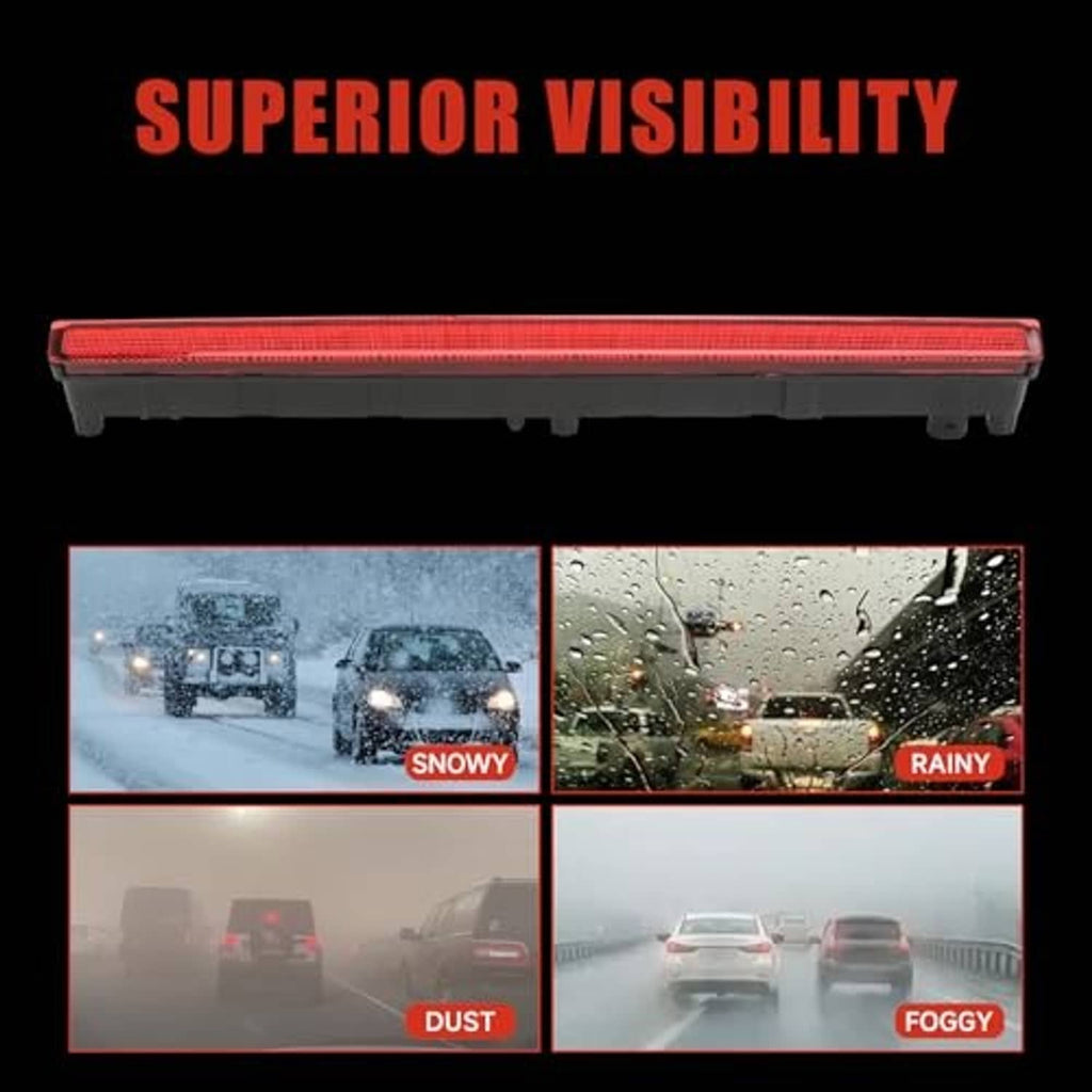 Center high mount third brake light with clear red lens strip and black end caps