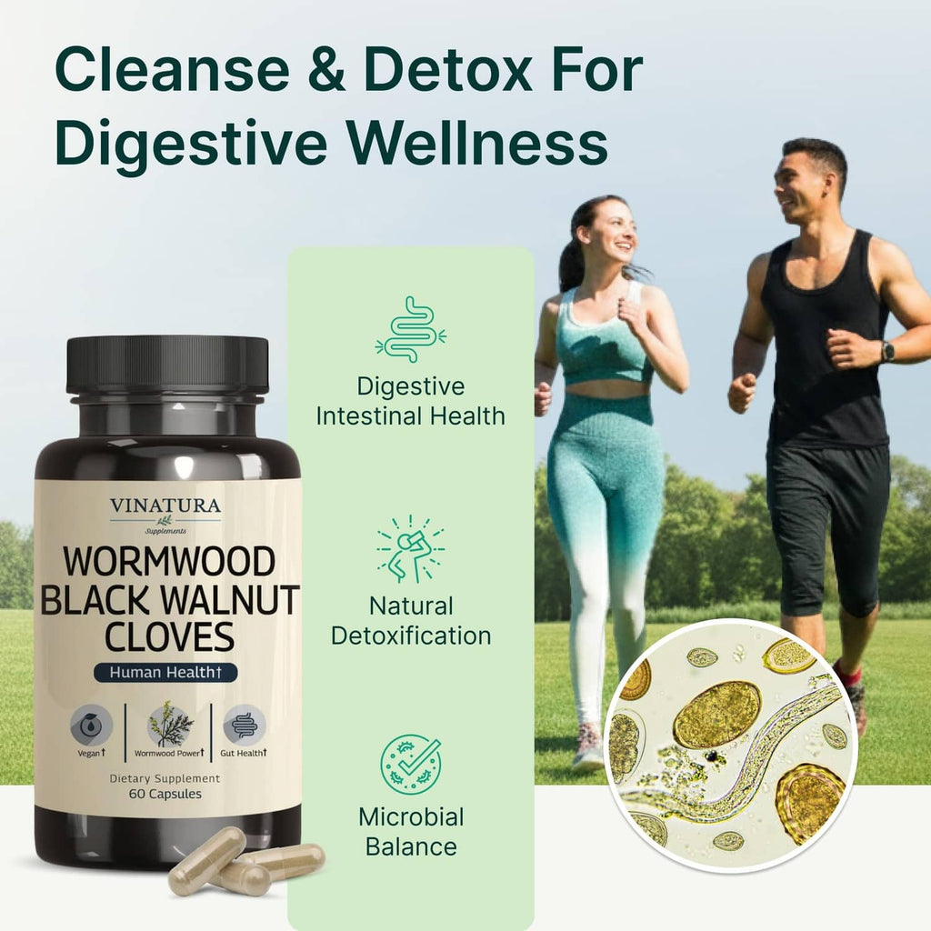 VINATURA wormwood black walnut clove supplement bottle with a few capsules on the side