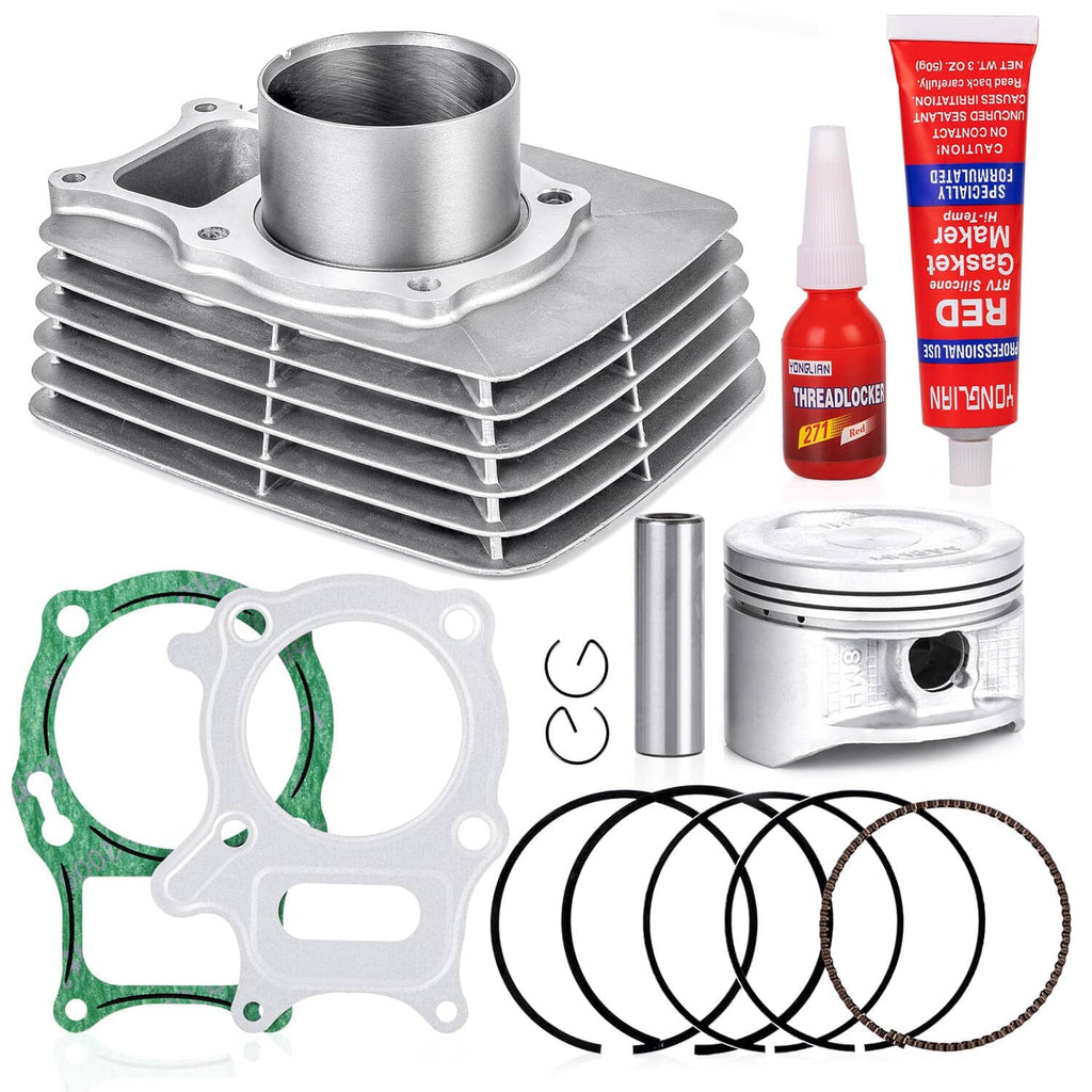 Cylinder and piston gasket kit showing cylinder head, piston, gasket, rings, and wrist pin