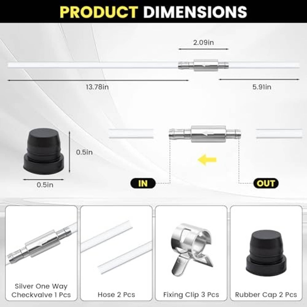 Brake bleeder hose set with four metal fittings, black caps, and silver one-way check valve