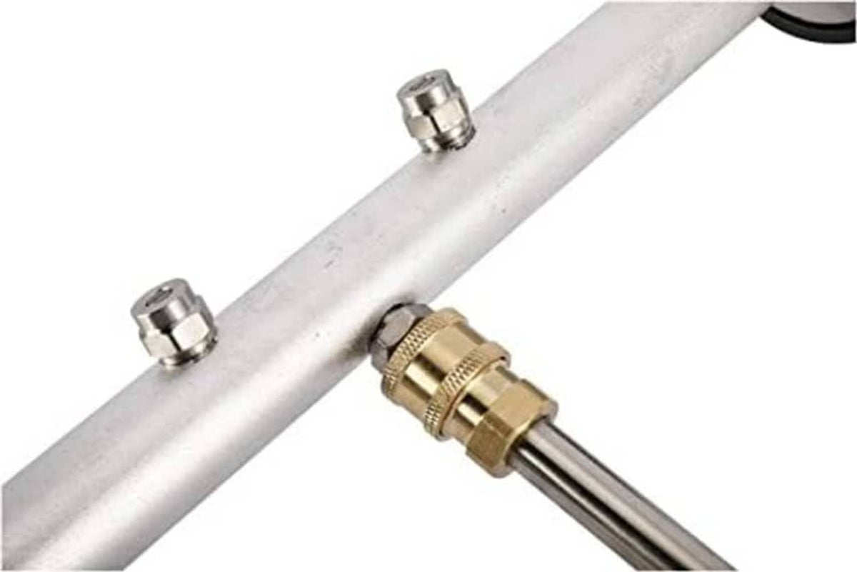 Silver undercarriage cleaner tube with brass quick-connect fitting and bolts