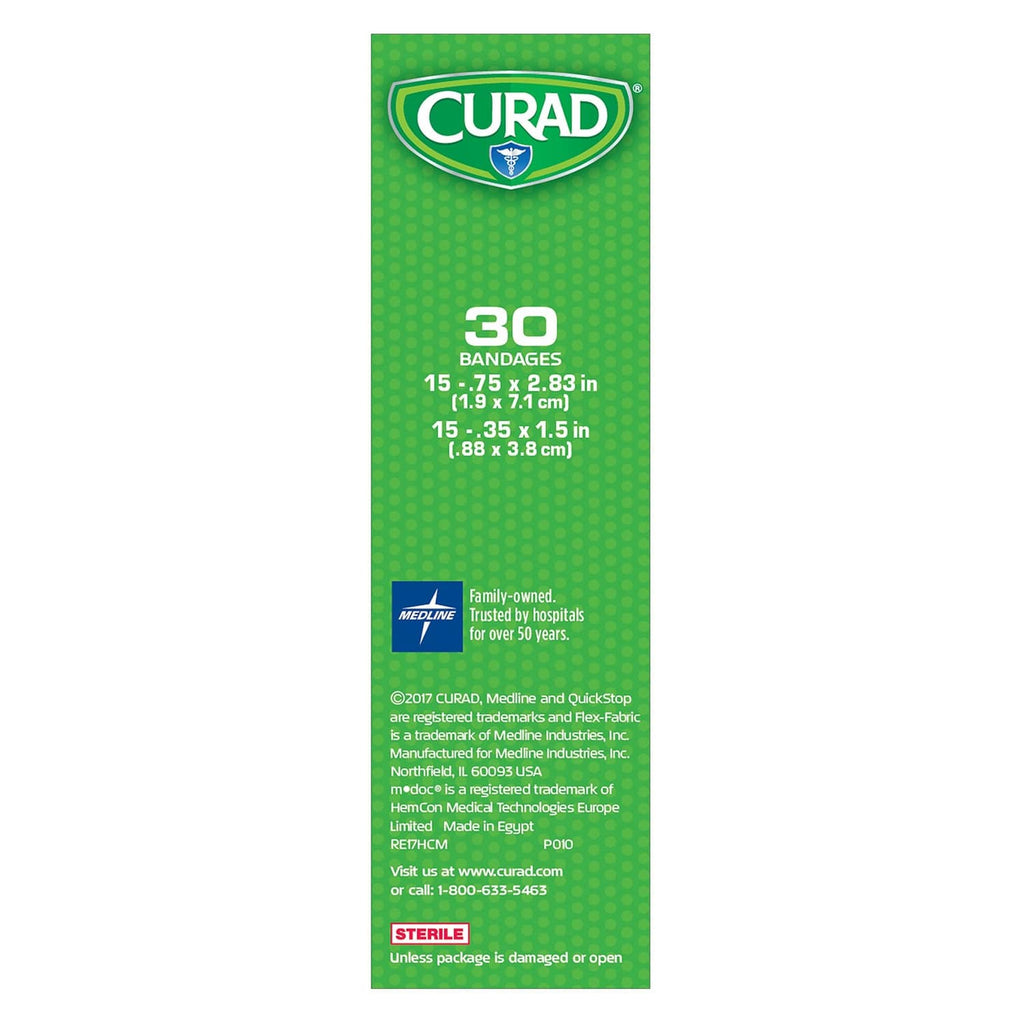 Curad QuickStop flex-fabric bandage box, 30 bandages, 1.5 x 3 in each