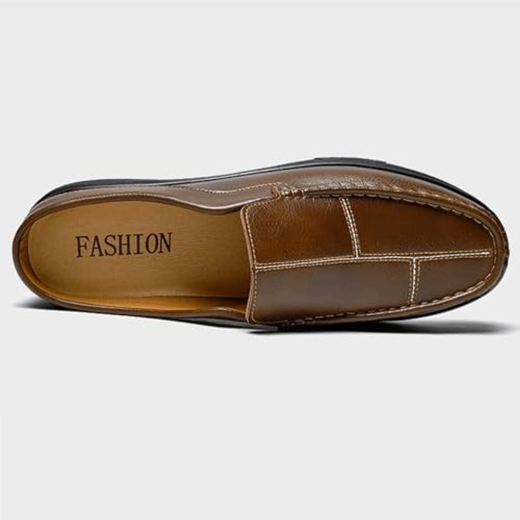Brown leather slip-on mules with printed 'FASHION' insole and stitched seams