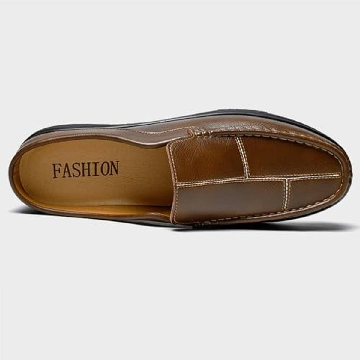 Brown leather slip-on mules with printed 'FASHION' insole and stitched seams