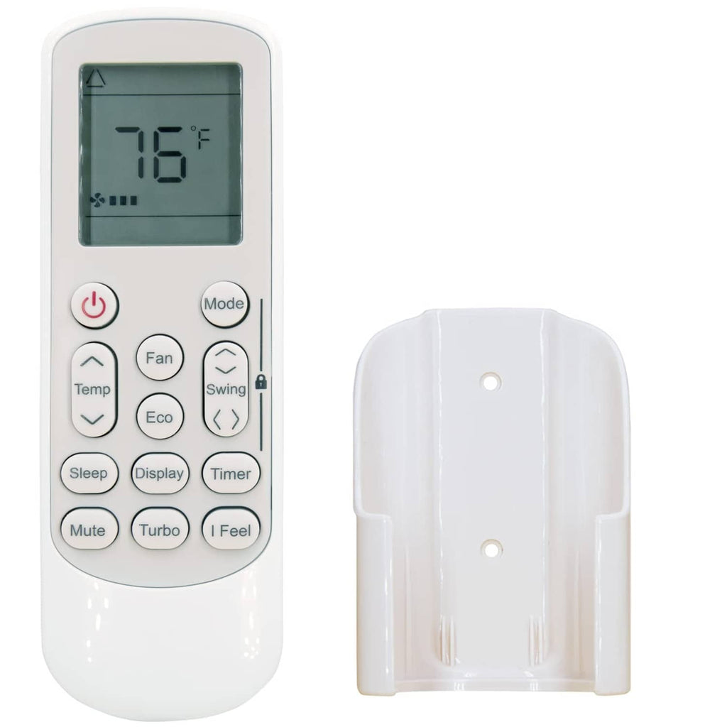 White AC replacement remote control back view with battery compartment mounting tabs