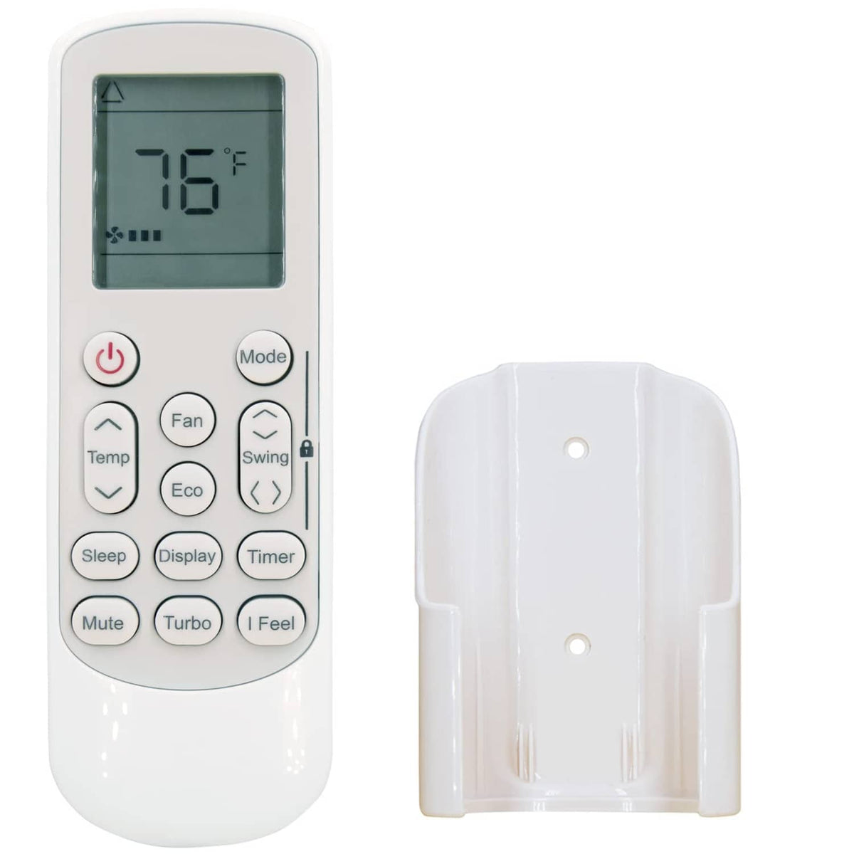 White AC replacement remote control back view with battery compartment mounting tabs