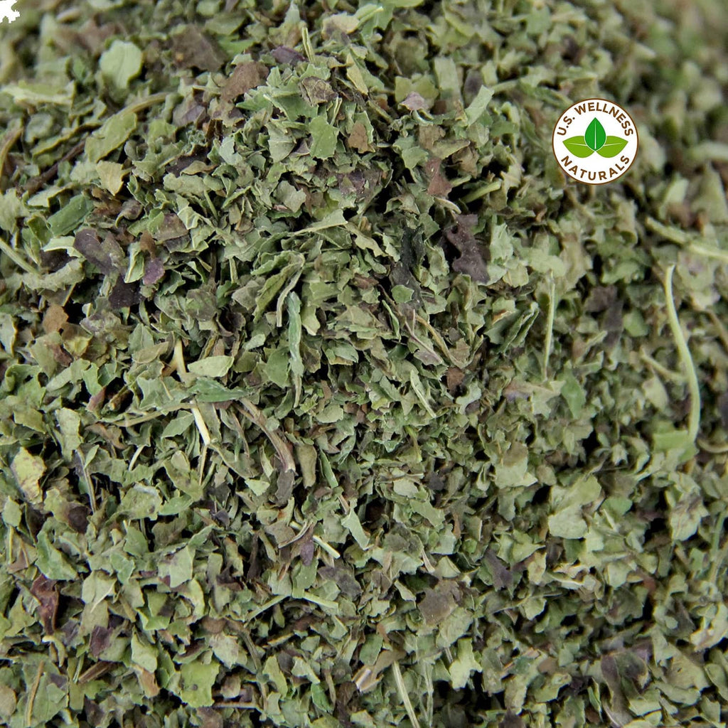 Close-up of dried lemon balm leaves with wellness seal