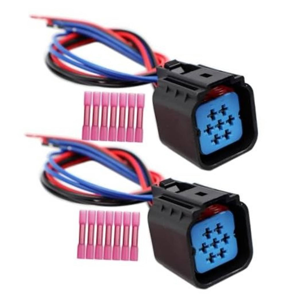 Headlight connector pigtail plugs set: two black housings with blue/red wires and pink pins
