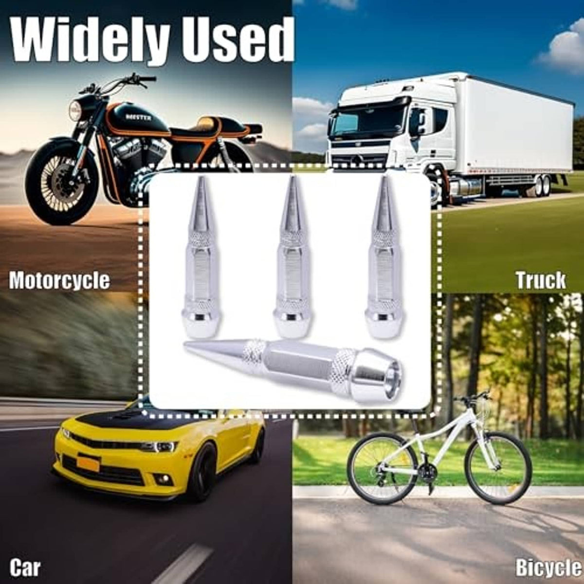 Spiked aluminum tire valve stem caps, silver, four-piece set with one lying