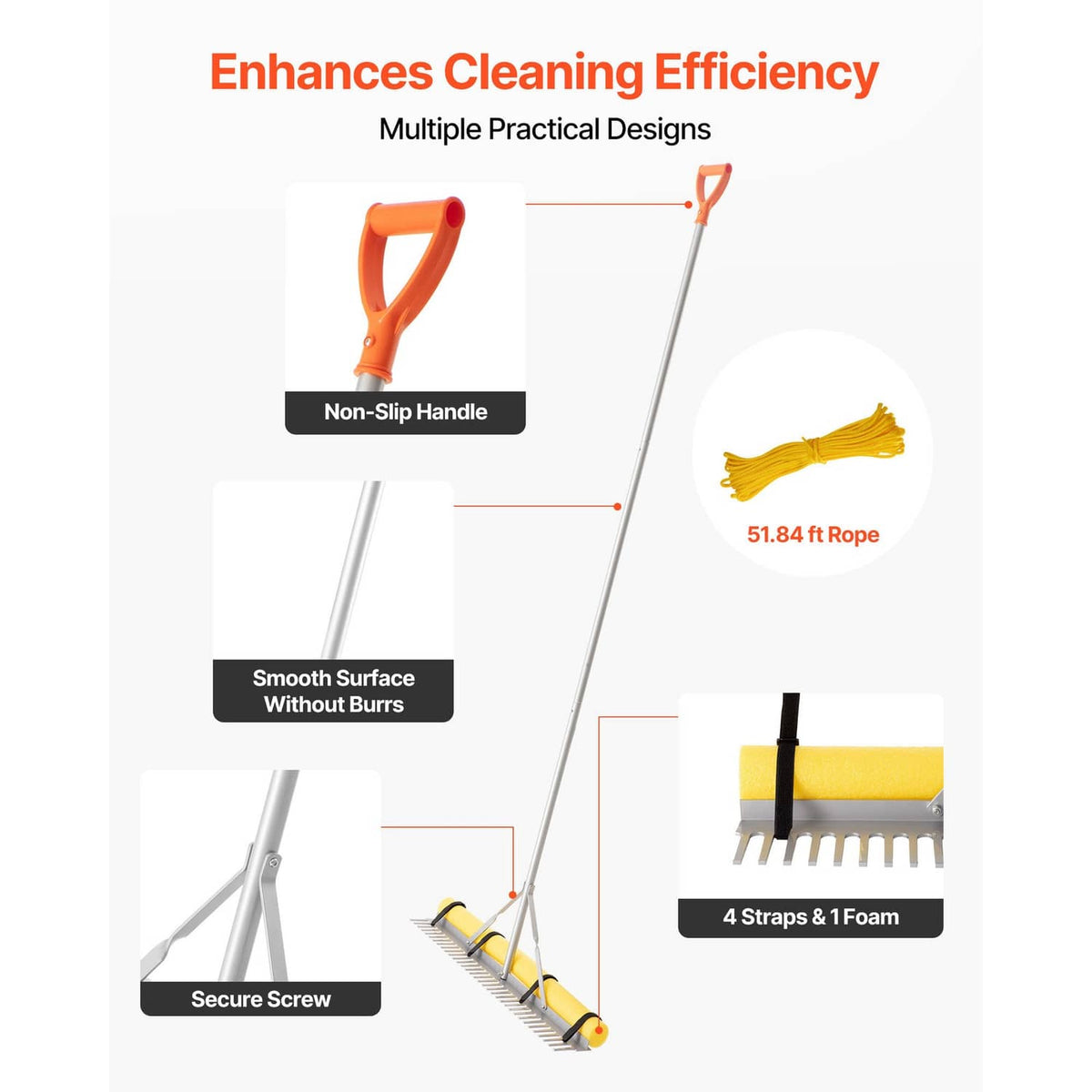 36-in landscape rake with non-slip orange grip, smooth aluminum shaft, includes straps and foam