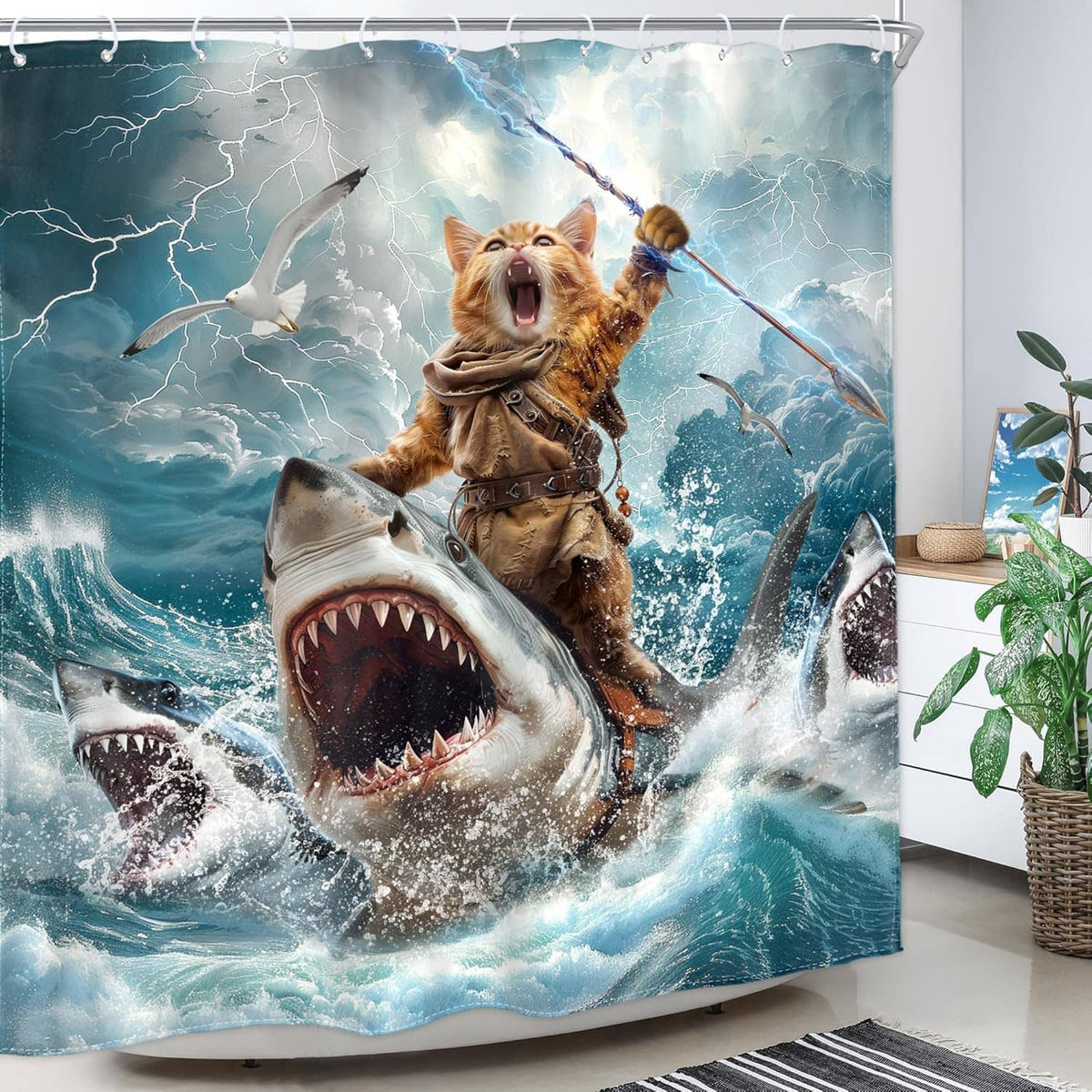 Ocean-themed shower curtain featuring a roaring shark, cat rider, waves, and grommet header