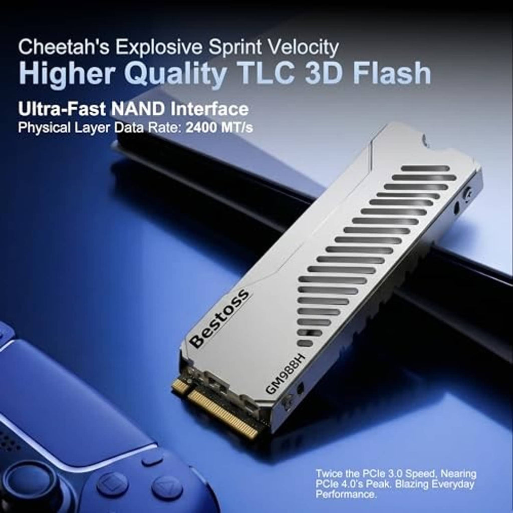 Silver NVMe M.2 2280 SSD with Bestoss heatsink, vented top and exposed gold edge contacts