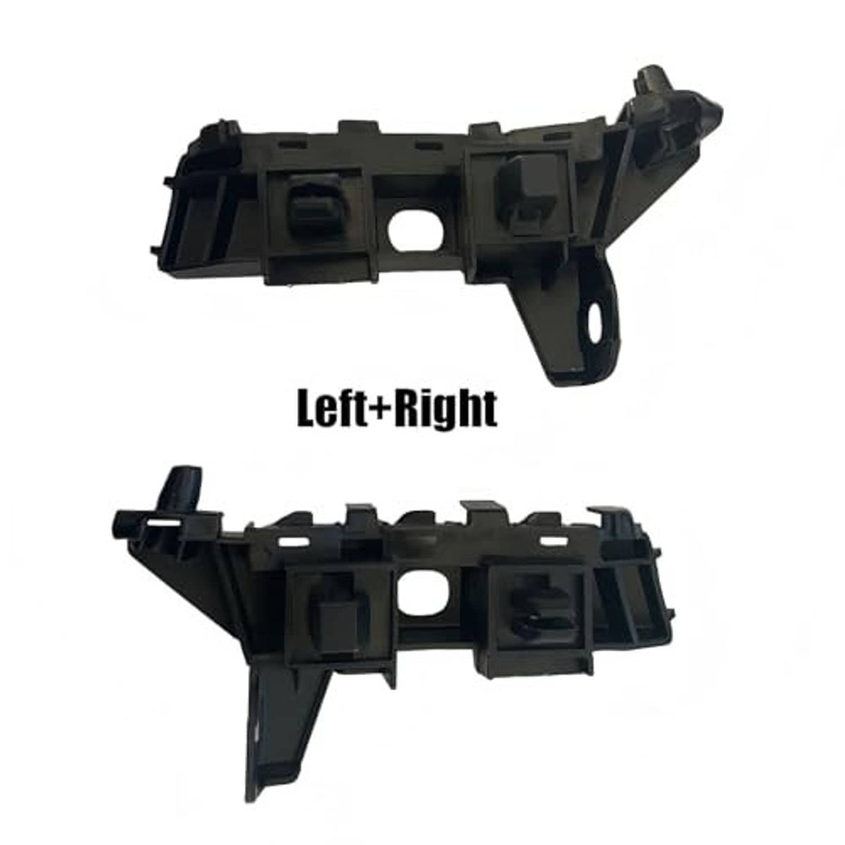 Black left and right front bumper brackets, plastic pieces with mounting tabs and holes