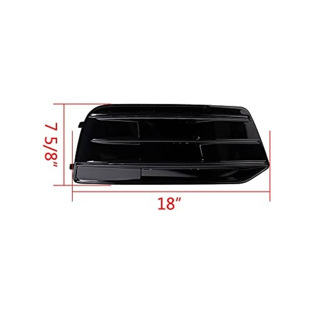 Glossy black grille insert, side view; marked size 18" wide and 7/8" tall
