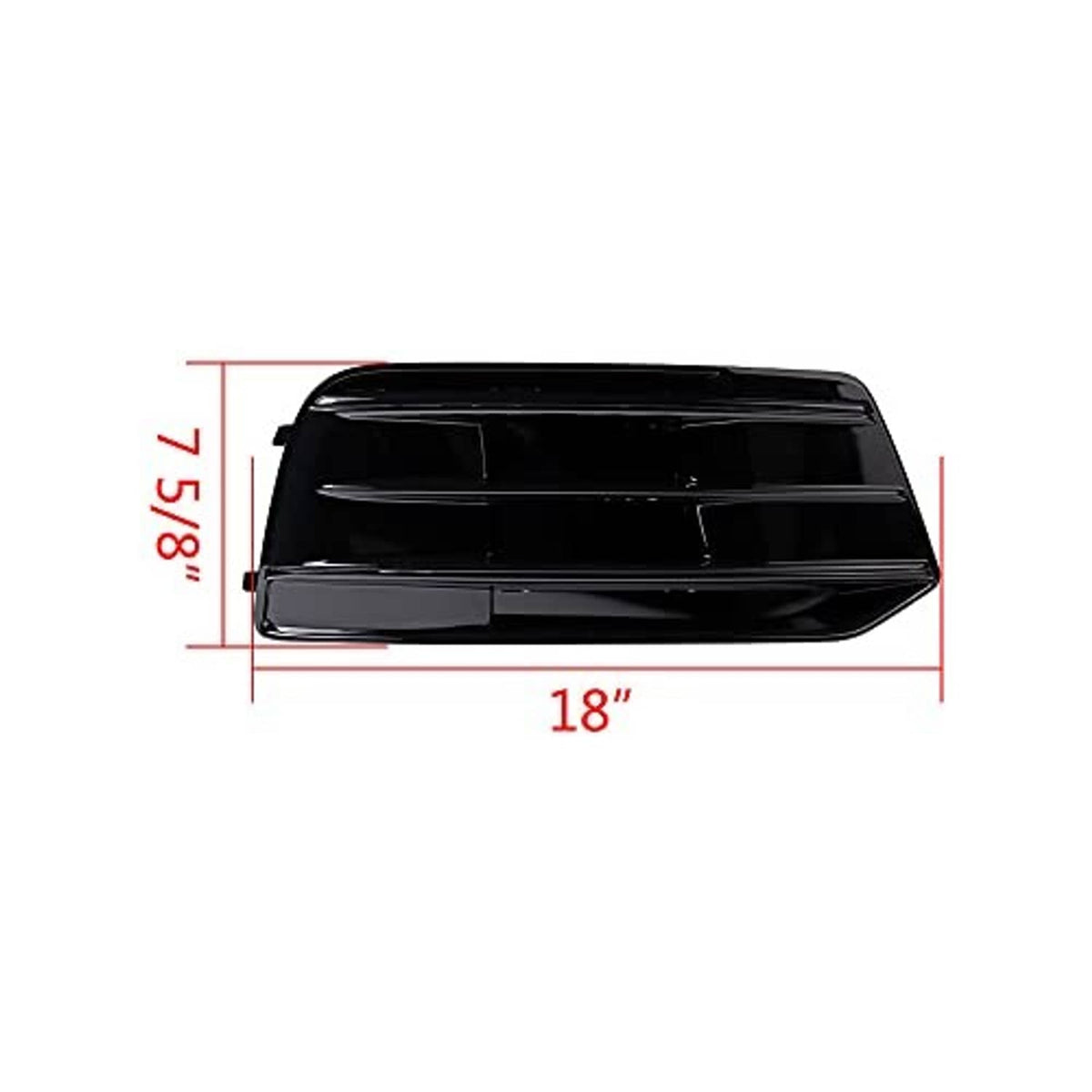 Glossy black grille insert, side view; marked size 18" wide and 7/8" tall