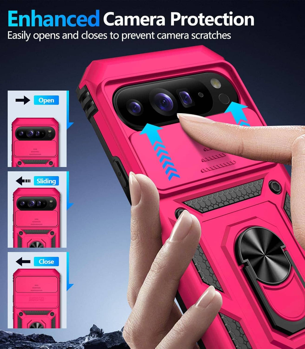 Rugged pink Pixel case with sliding camera lens cover to help prevent camera scratches