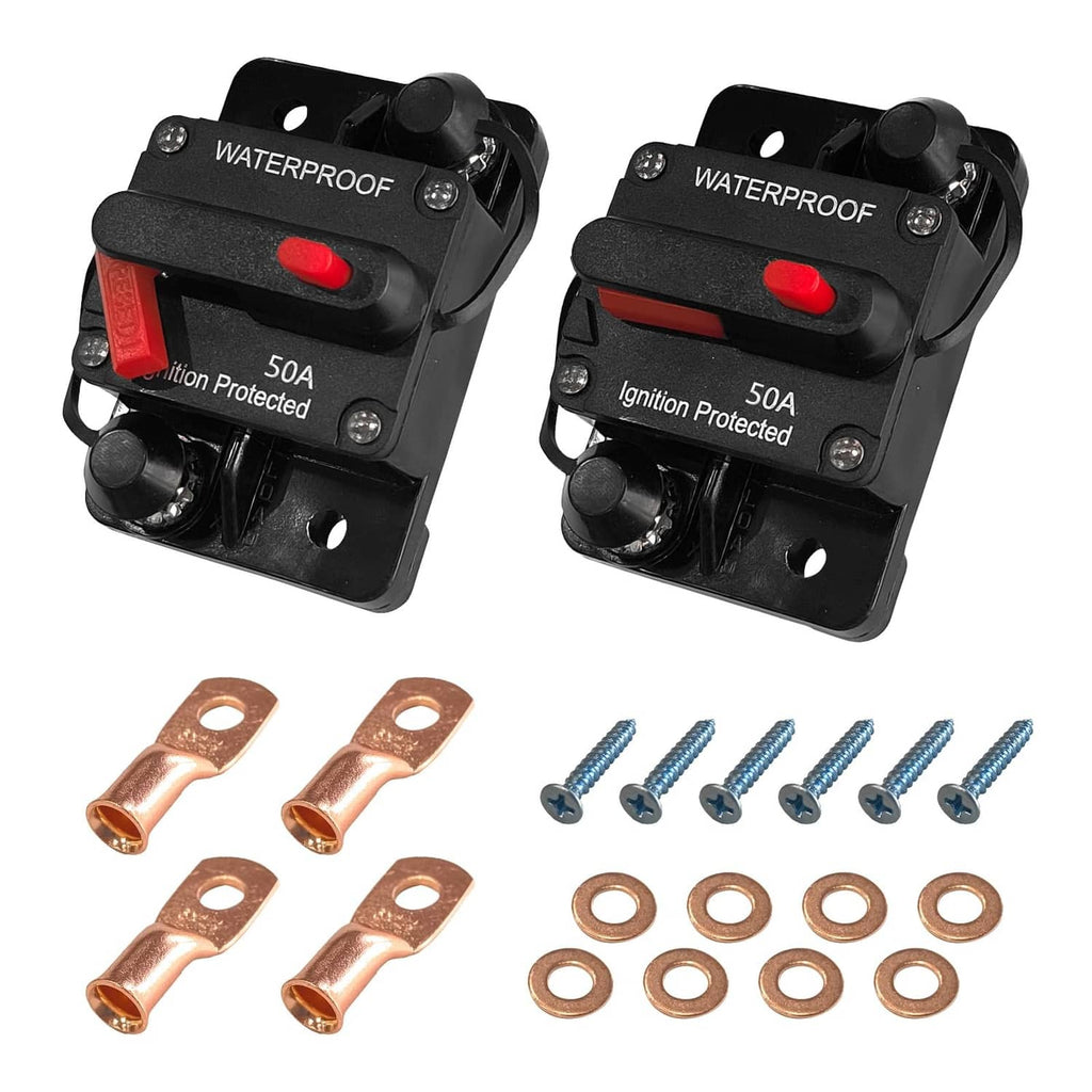2-pack black DC circuit breakers with red reset levers and waterproof housing