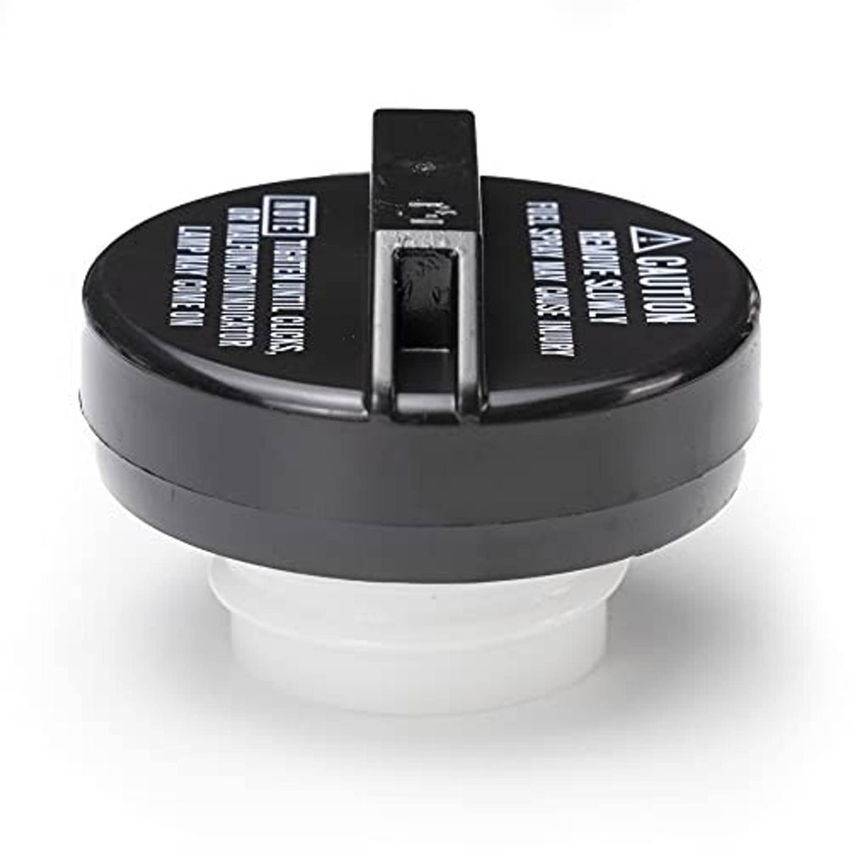 Fuel cap side view with black body and central stem; molded markings visible