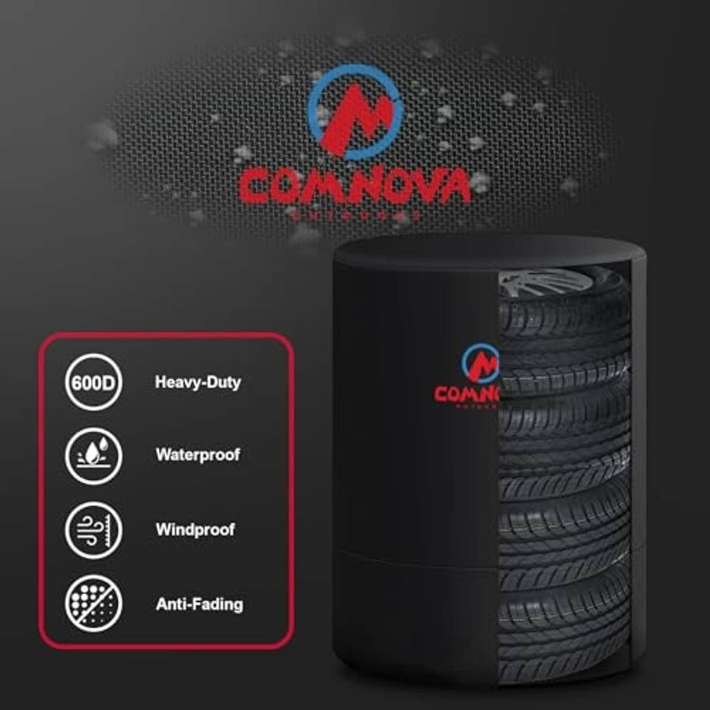 Black tire cover with COMNOVA logo and rugged 600D fabric, waterproof and anti-fading look