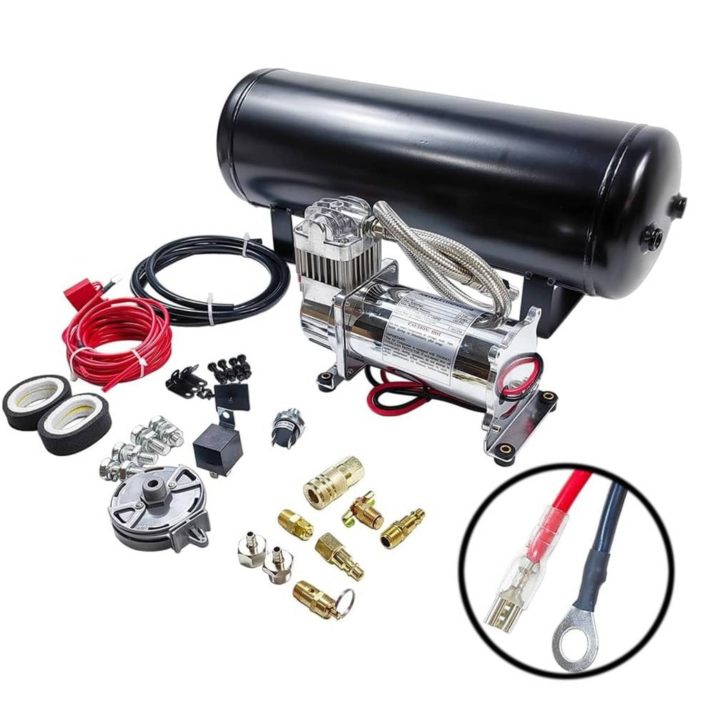 Onboard air compressor with black tank, chrome pump, and wiring/hoses kit