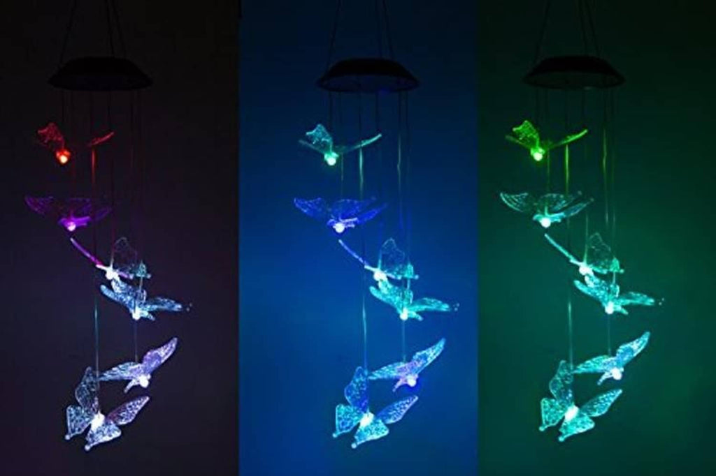 Illuminated butterfly wind chime with rotating multi-color LED light bulbs