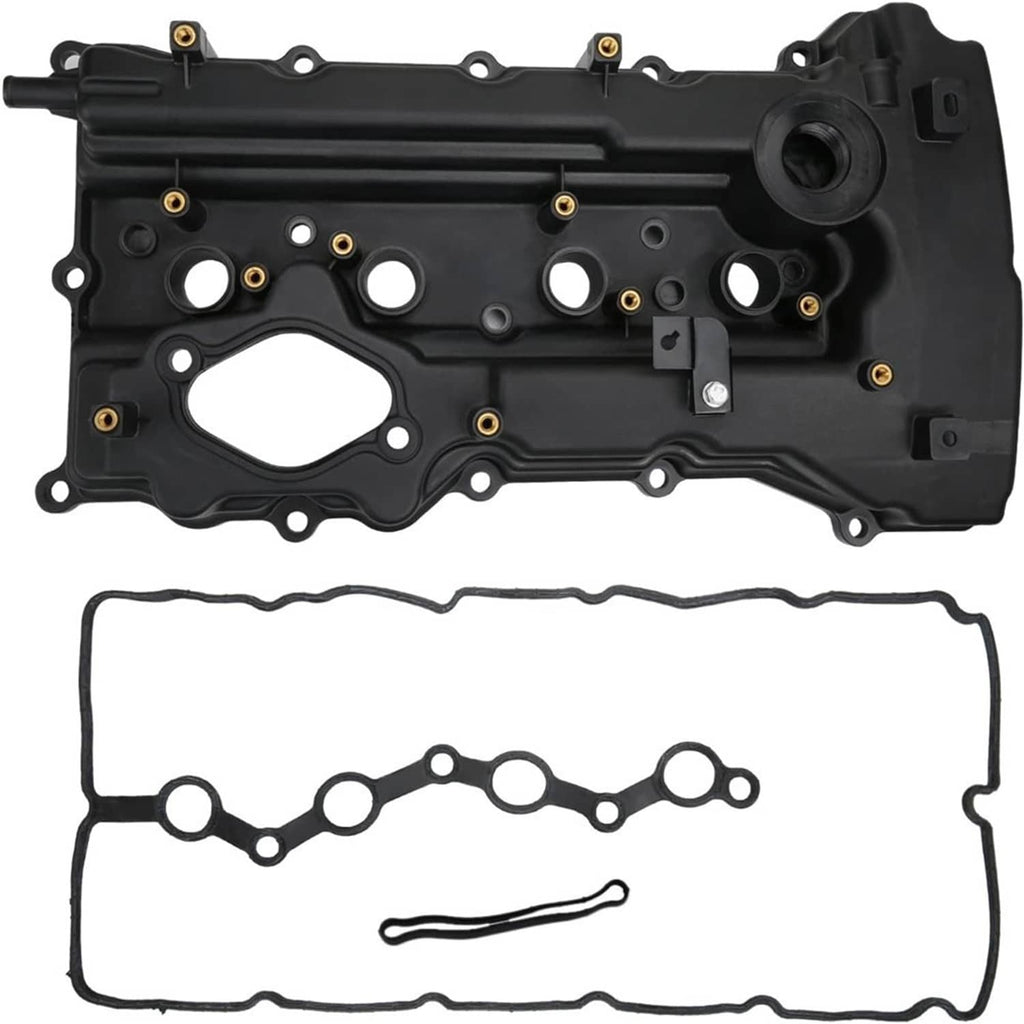 Black engine valve cover and matching gasket set with screw and seal details