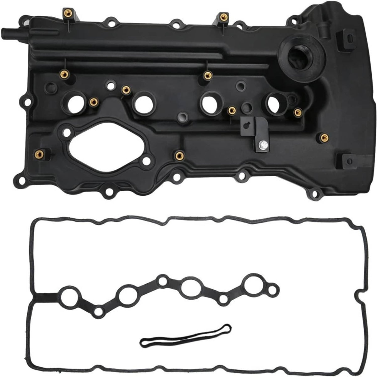 Black engine valve cover and matching gasket set with screw and seal details