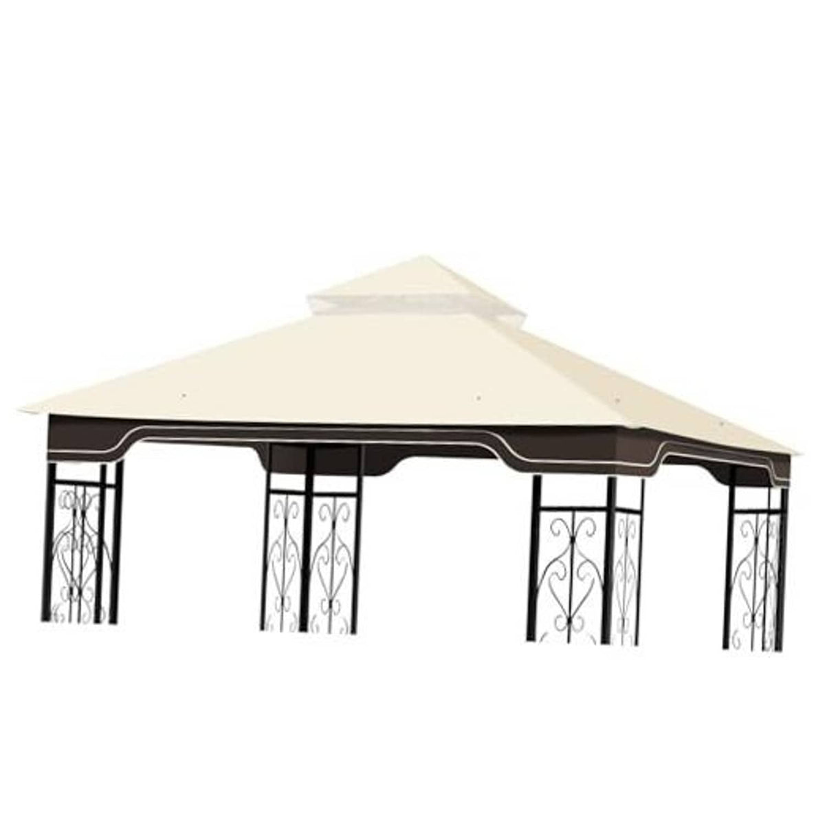 Beige gazebo canopy top with dark scalloped edge trim and side valance