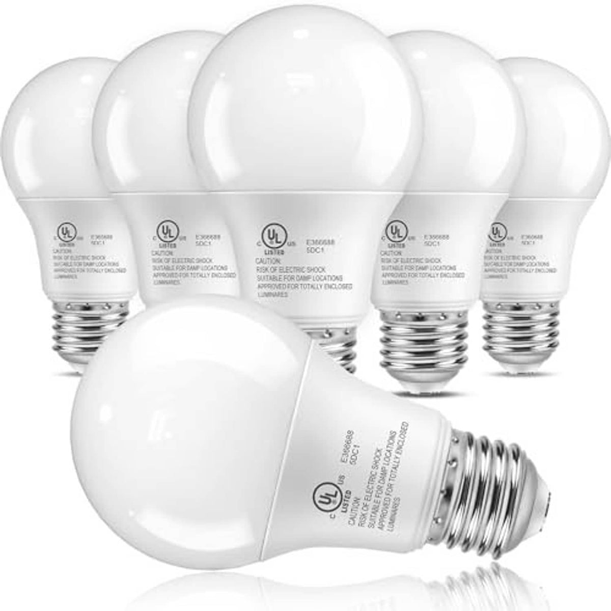 Six A19 LED bulbs with E26 base, glossy white glass and metal screw threads