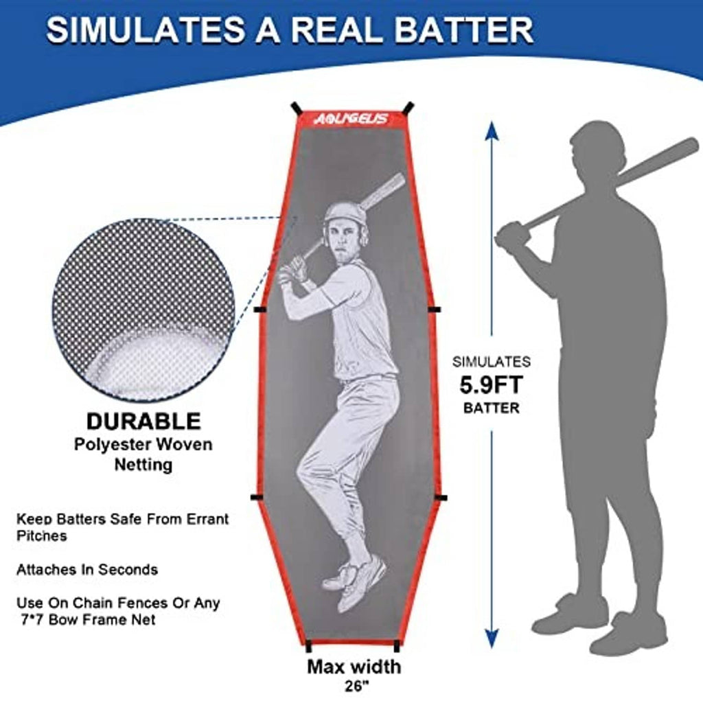 Batting practice net with batter dummy silhouette and strike-zone target height diagram