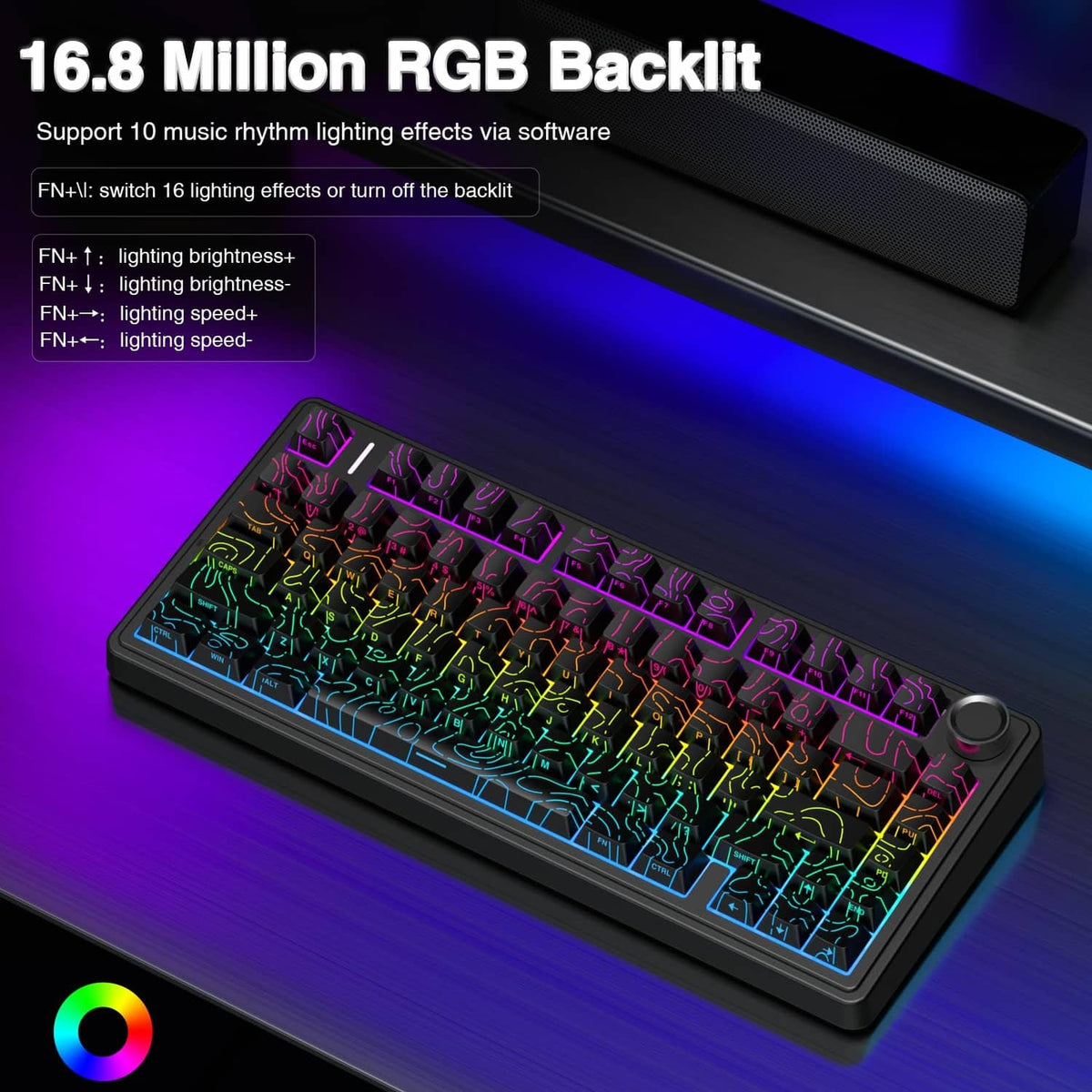 Black 75% mechanical keyboard with bright RGB backlit keys and circular top knob