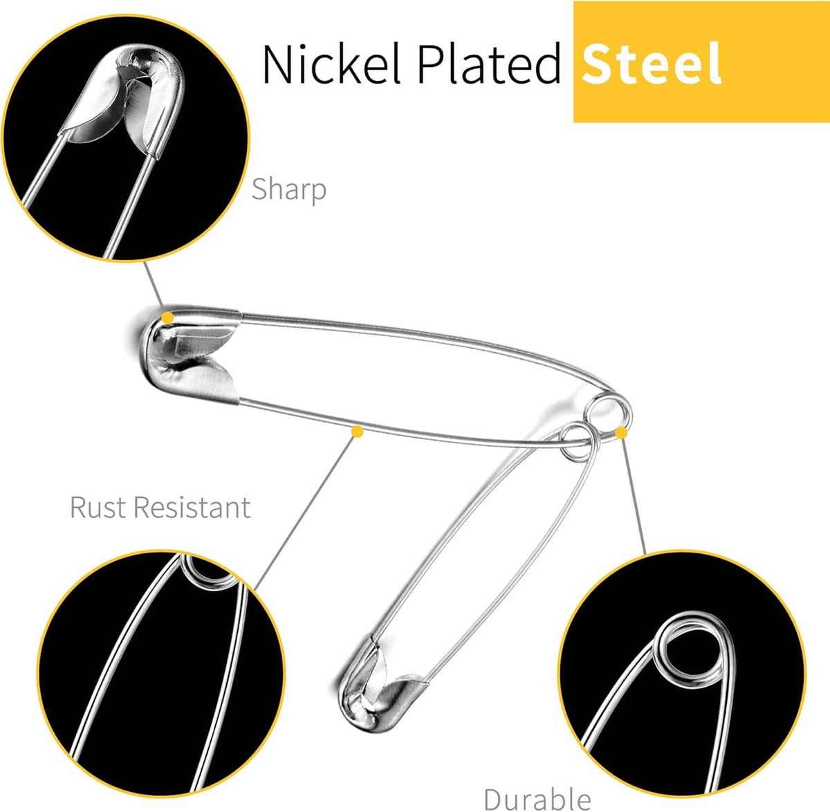 Nickel-plated steel safety pin set with sharp, rust-resistant, durable construction details