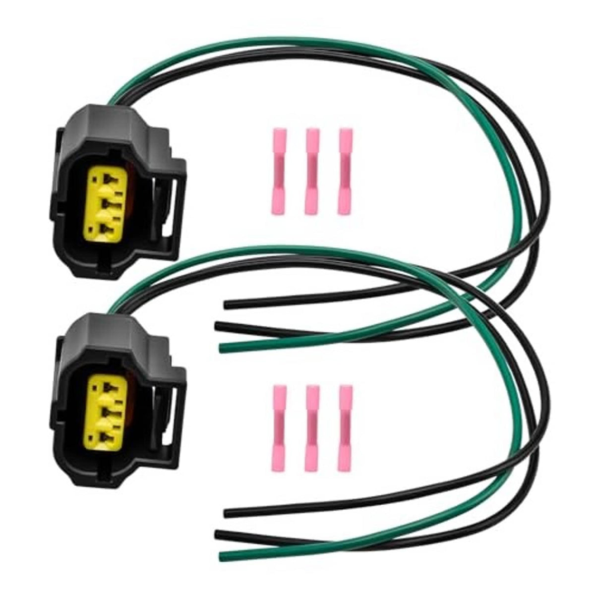 Two alternator plug wiring pigtails with yellow terminals, black housings, green wires