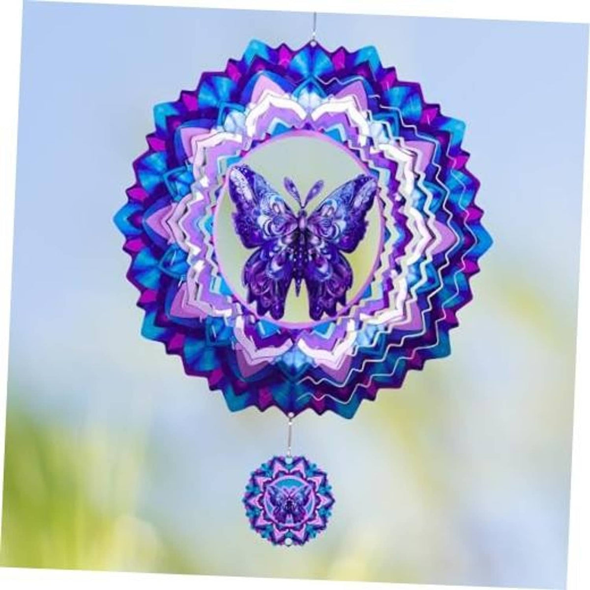 Butterfly wind spinner with layered blue-purple rosette and purple butterfly centerpiece