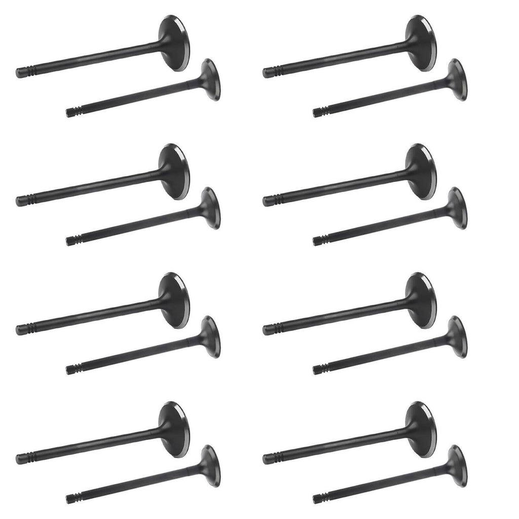 Intake exhaust valves with round black disc heads and threaded stems, angled view