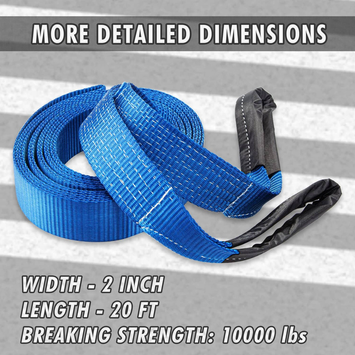Blue tow strap rope with black protective sleeve and stitched webbing loops