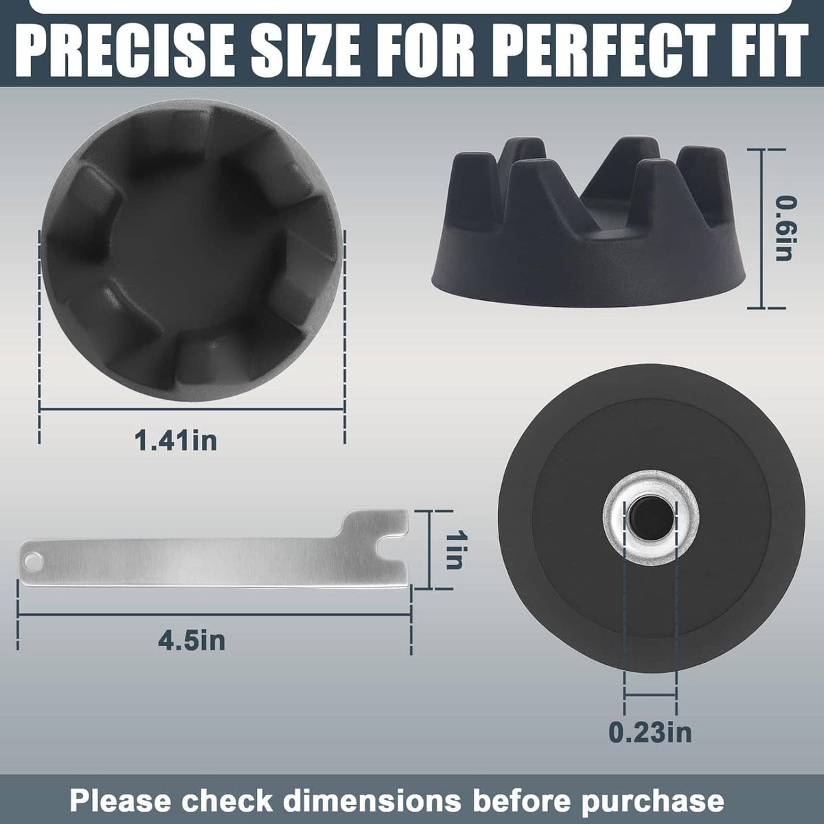 Black blender coupler and silver spanner wrench, shown with size diagram