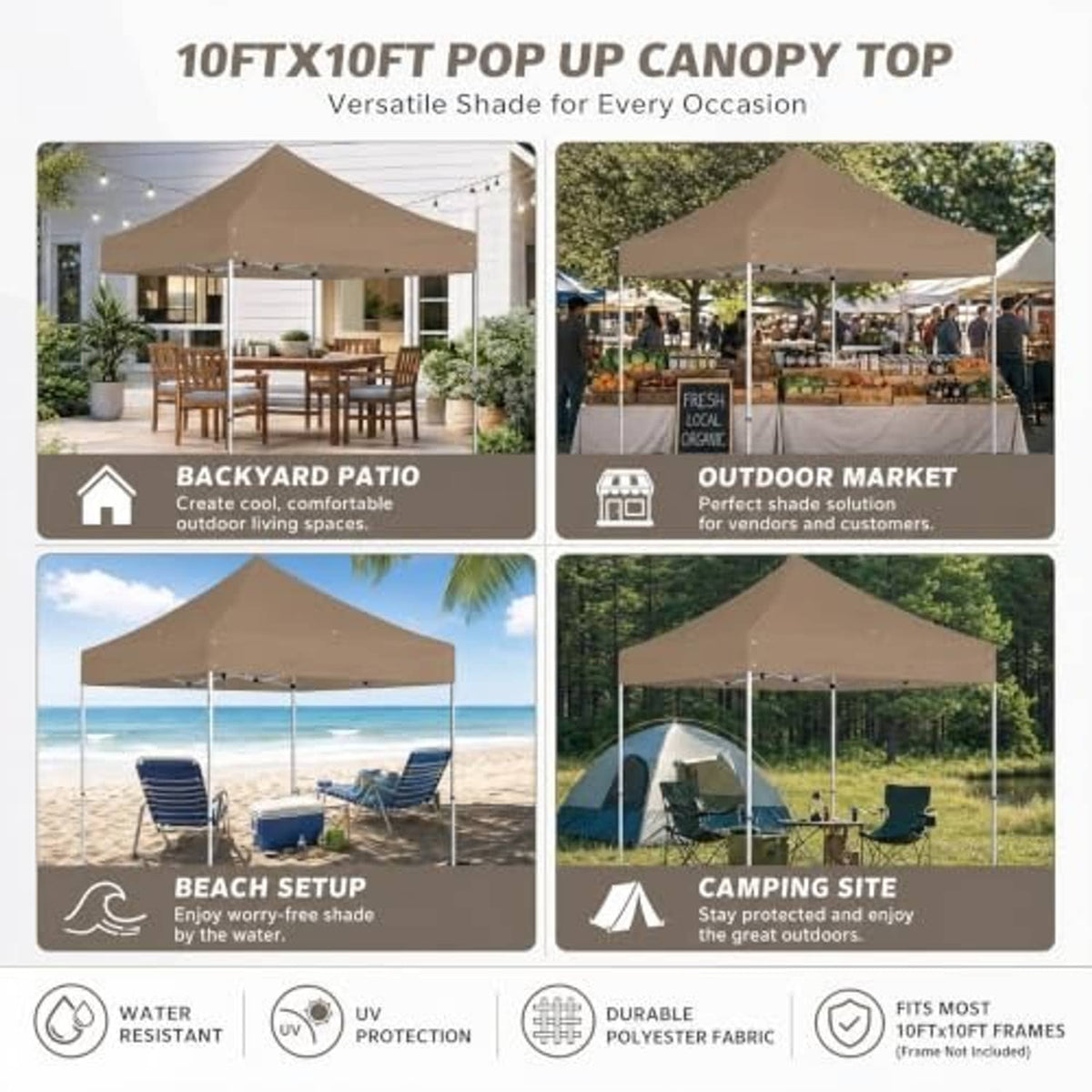 Khaki 10x10 pop-up canopy top for outdoor use with fitted corner tabs