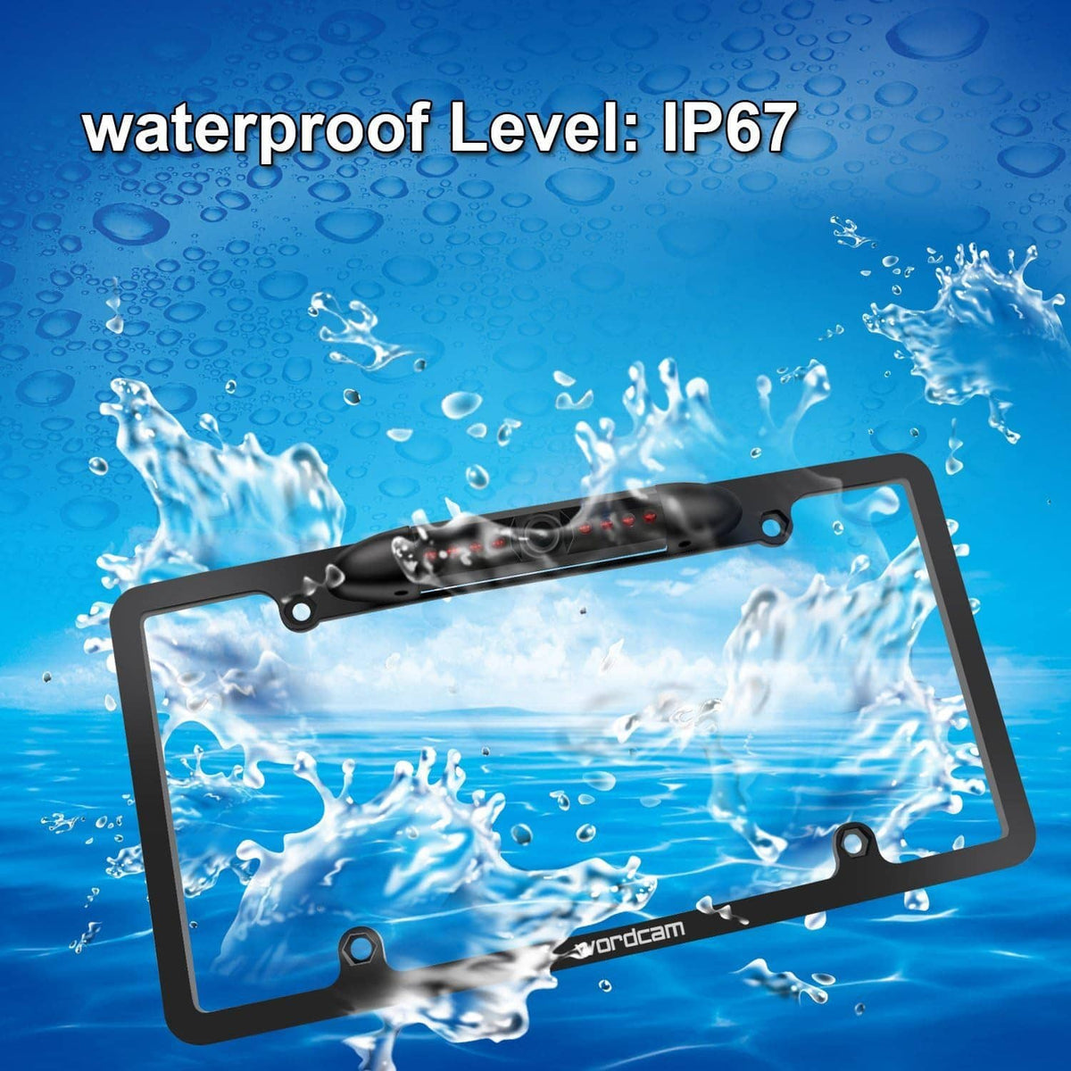 Waterproof IP67 license plate backup camera frame with splash protection theme