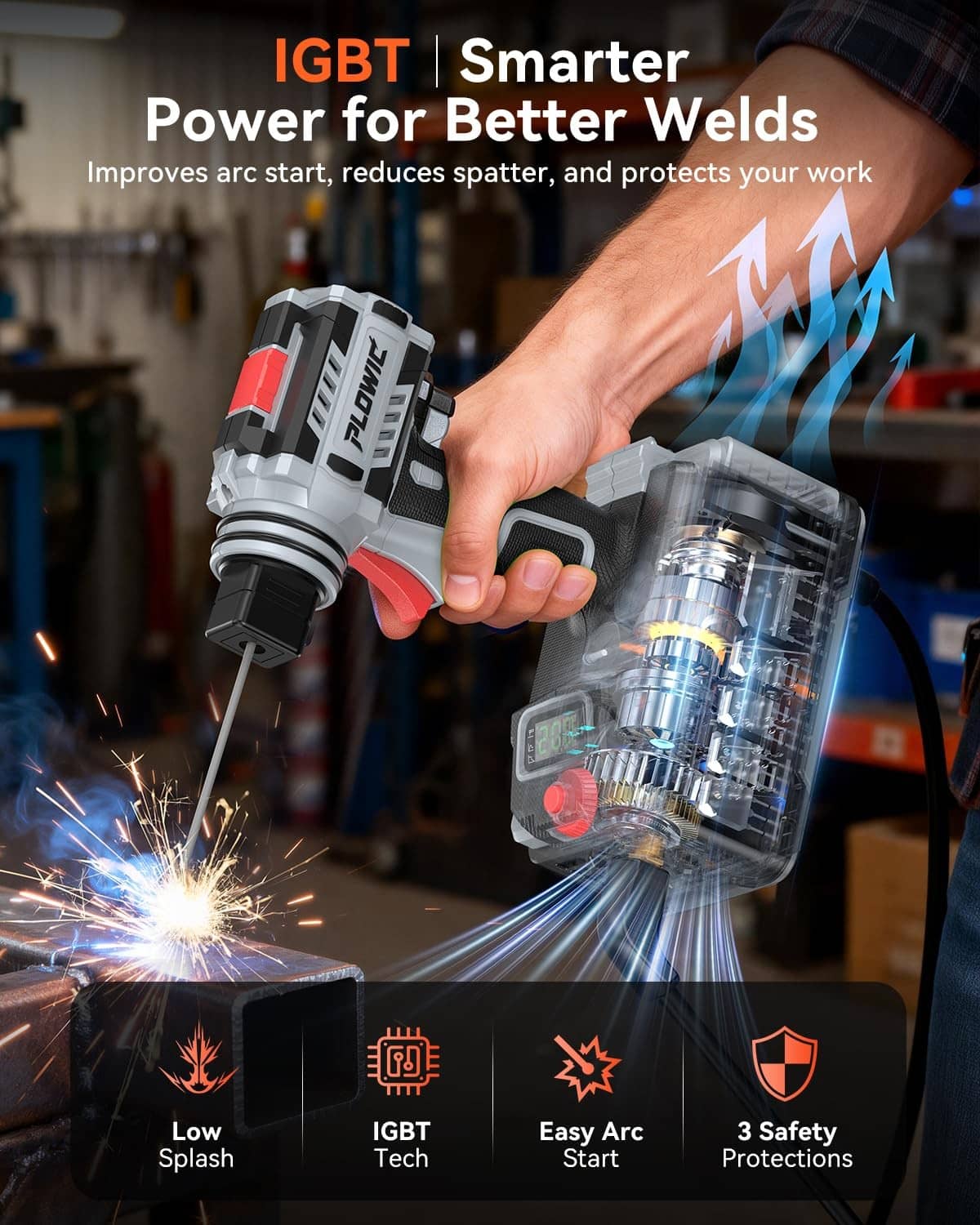Gray handheld welder with torch tip and insulated handle, creating an electric arc