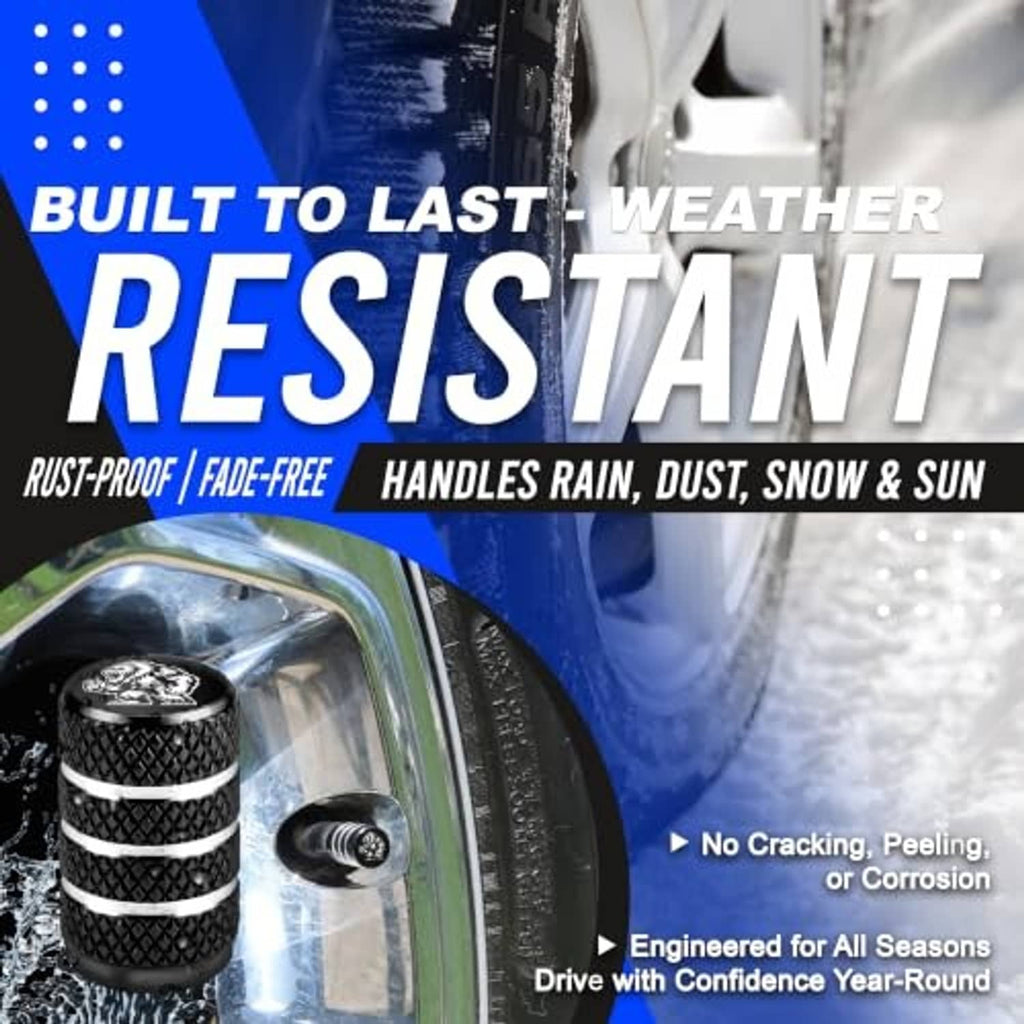 Black Yeti tire valve stem caps with textured pattern and silver stripe band accents