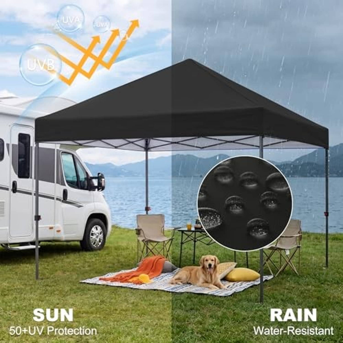 Black pop-up canopy top cover with water-resistant fabric look under rain