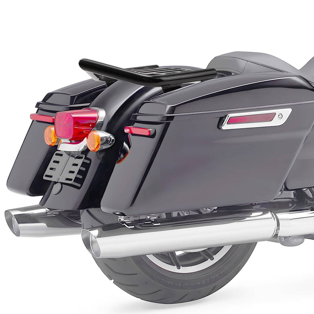 Black detachable luggage rack with slotted platform on motorcycle rear side