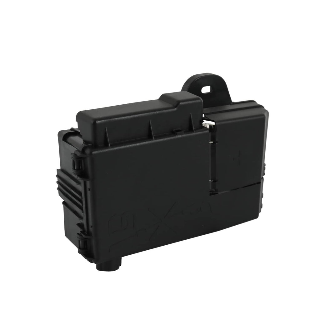 Black plastic fuse block terminal module with top handle and wiring socket
